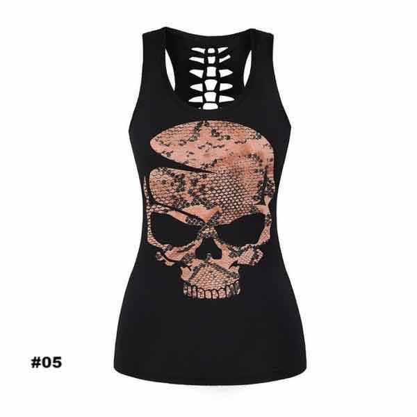 Women's Skull Tank Top, Polyester/Spandex, Black with Human Skull Print - American Legend Rider