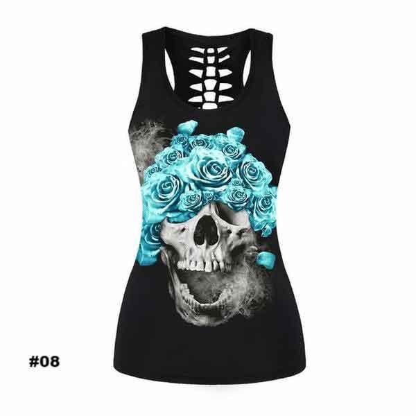 Women's Skull Tank Top, Polyester/Spandex, Black with Human Skull Print - American Legend Rider