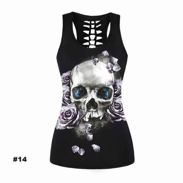 Women's Skull Tank Top, Polyester/Spandex, Black with Human Skull Print - American Legend Rider