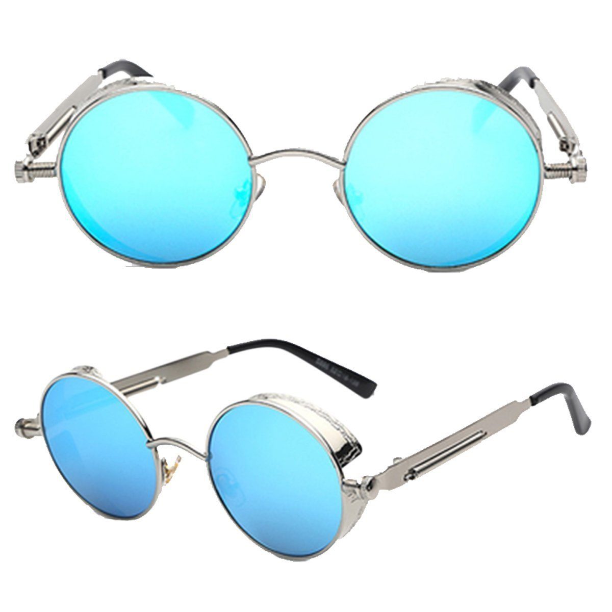 A pair of Rebel Sunglasses with blue mirrored lenses.