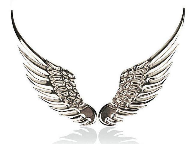 A pair of 3D Metal Angel Wing Car Styling Decal Stickers on a white background.