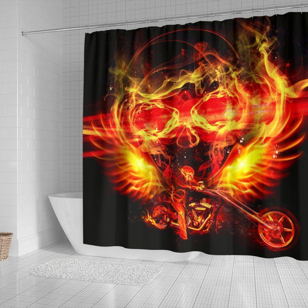 Motorcycle Shower Curtain Firey Skull & Rider on Black Background Print, 70x68 In - American Legend Rider