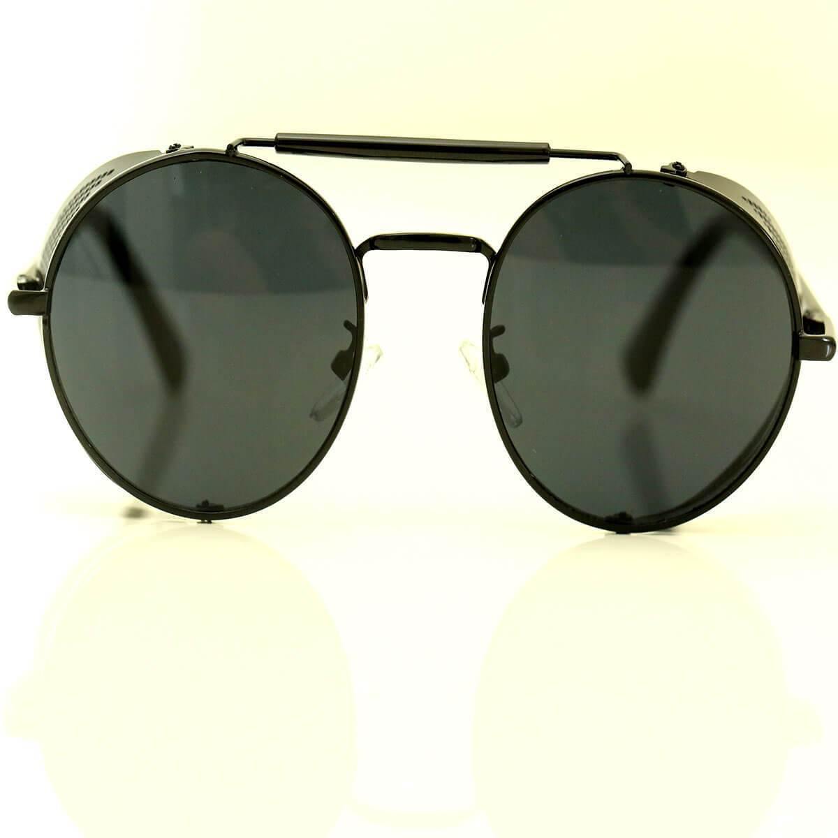 Bikers Retro Round Steampunk Sunglasses w/ Side Shields, Photochromic & Anti-Reflective Lenses, Alloy/Acrylic - American Legend Rider