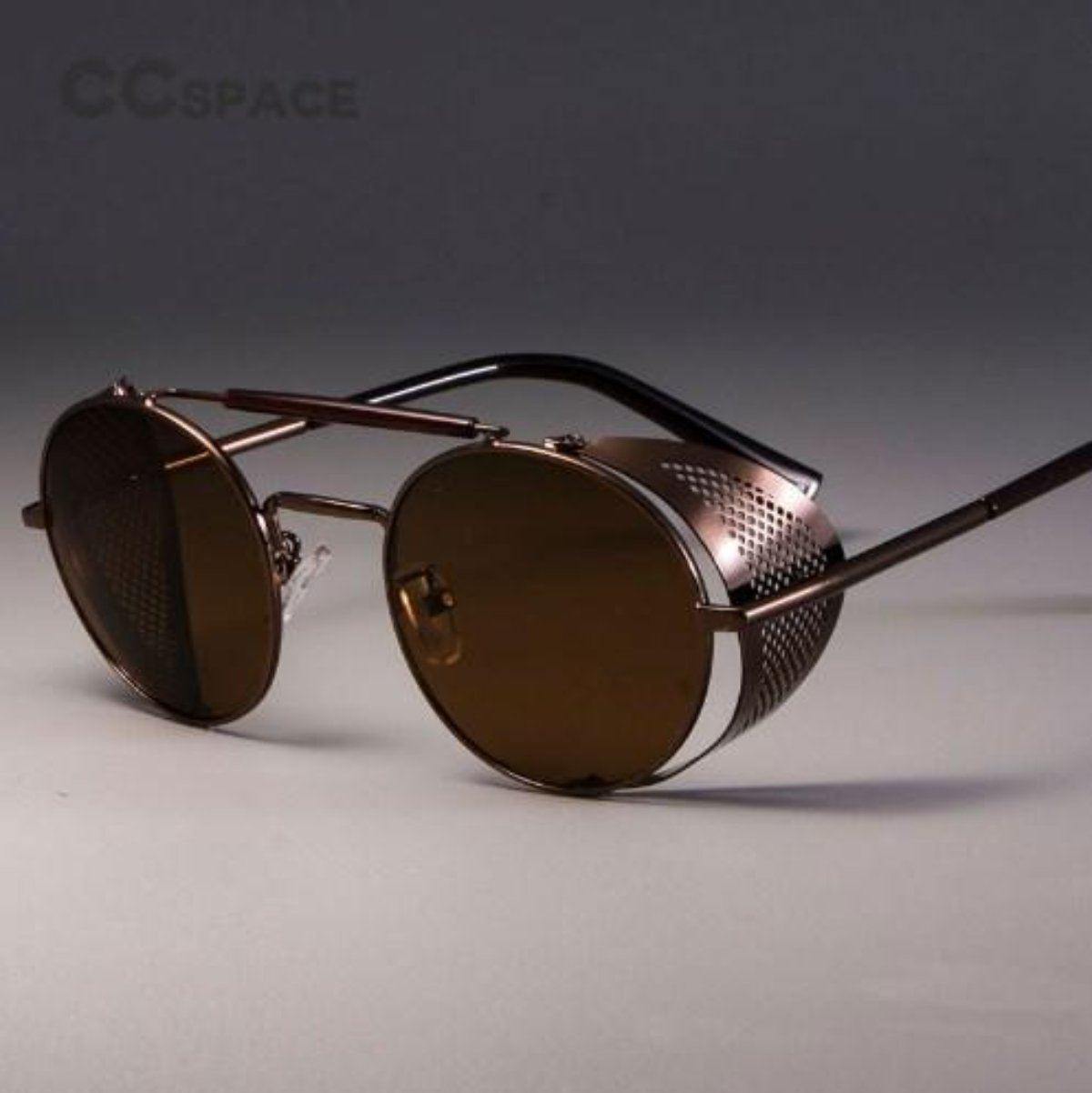 Bikers Retro Round Steampunk Sunglasses w/ Side Shields, Photochromic & Anti-Reflective Lenses, Alloy/Acrylic - American Legend Rider