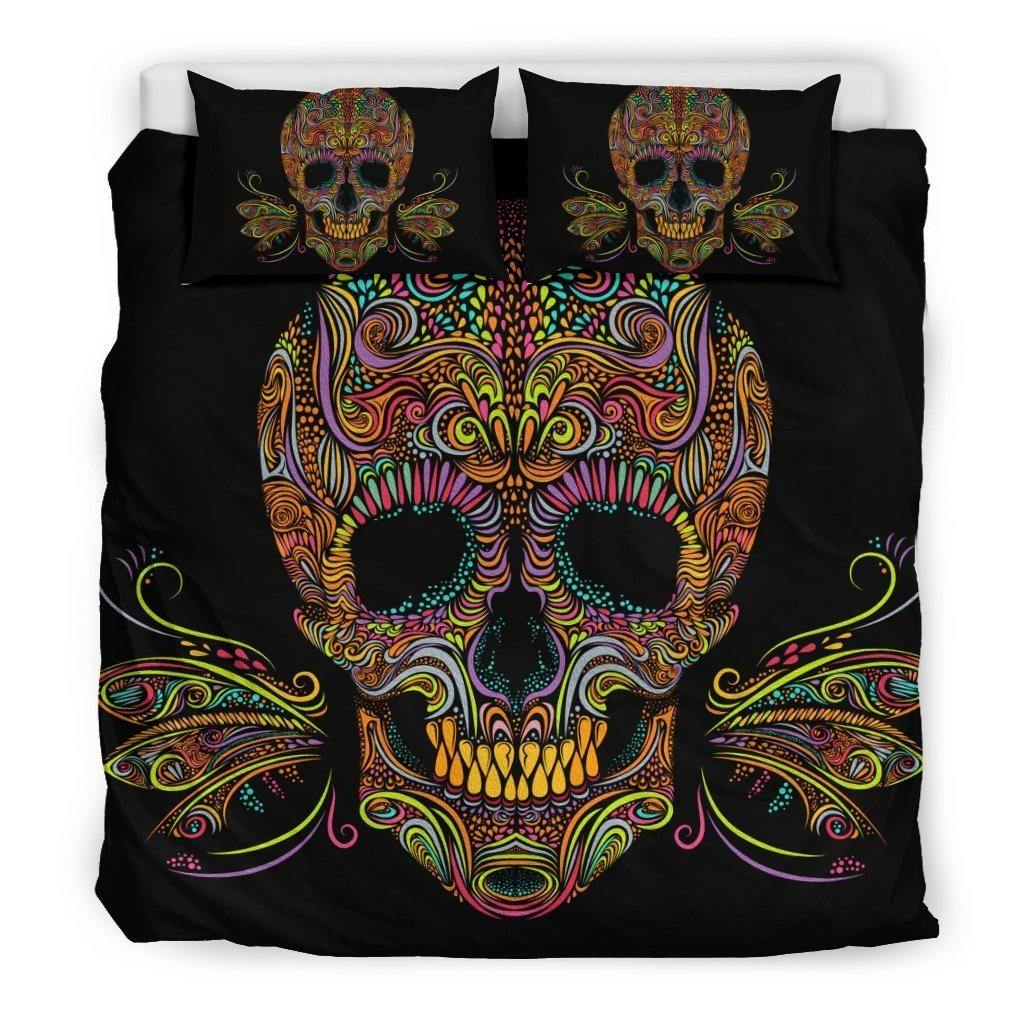 Skull Butterfly Bedding Set (1 Duvet Cover, 2 Pillowcases), Brushed Polyester Fabric, Black w/ Multicolored Skull Print - American Legend Rider