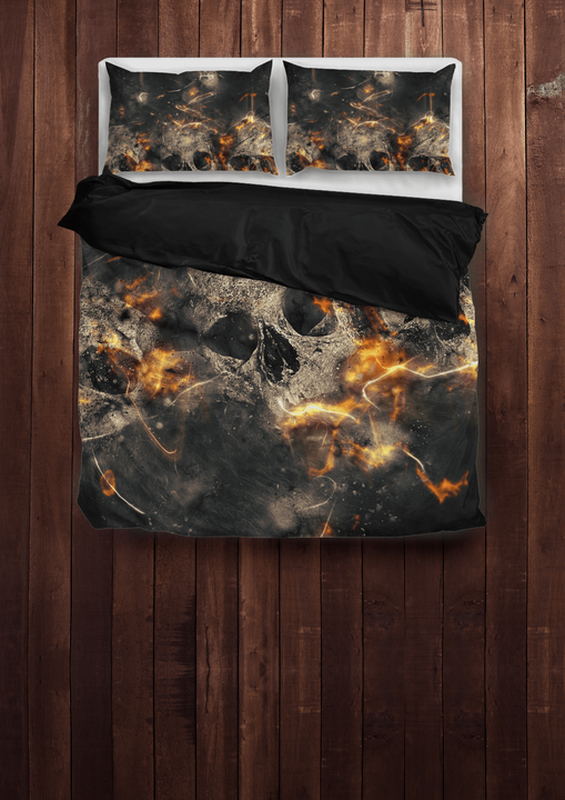Galaxy Skull Bedding Set (1 Duvet Cover, 2 Pillowcases), Brushed Polyester, Black/Gray/Orange