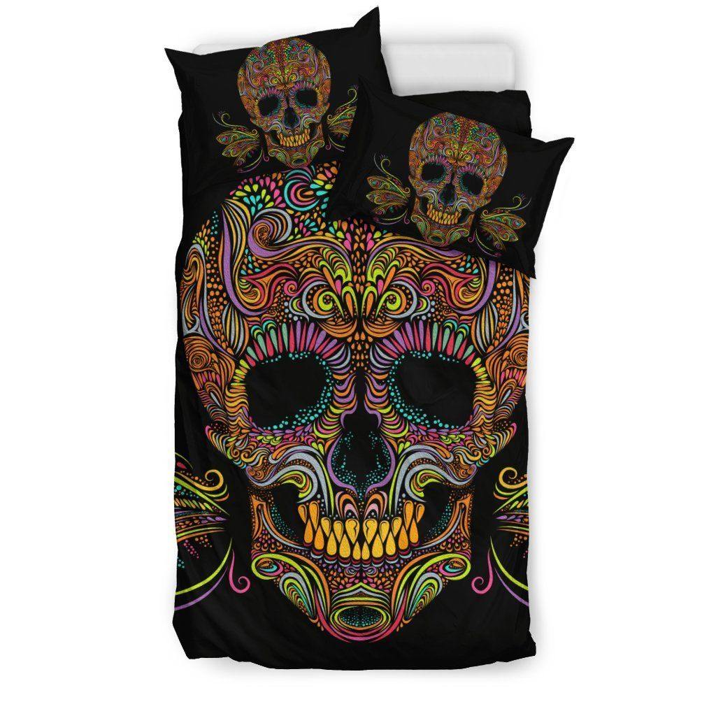 Skull Butterfly Bedding Set (1 Duvet Cover, 2 Pillowcases), Brushed Polyester Fabric, Black w/ Multicolored Skull Print - American Legend Rider