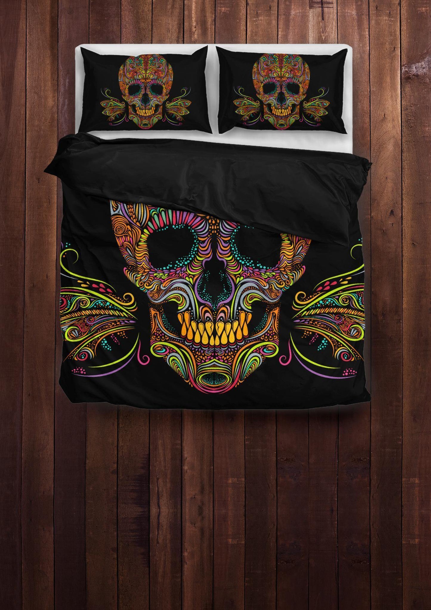 Skull Butterfly Bedding Set (1 Duvet Cover, 2 Pillowcases), Brushed Polyester Fabric, Black w/ Multicolored Skull Print - American Legend Rider