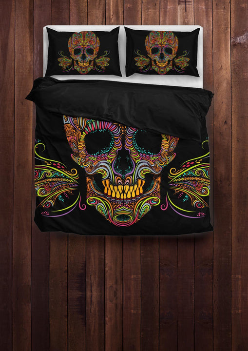 Skull Butterfly Bedding Set (1 Duvet Cover, 2 Pillowcases), Brushed Polyester Fabric, Black w/ Multicolored Skull Print
