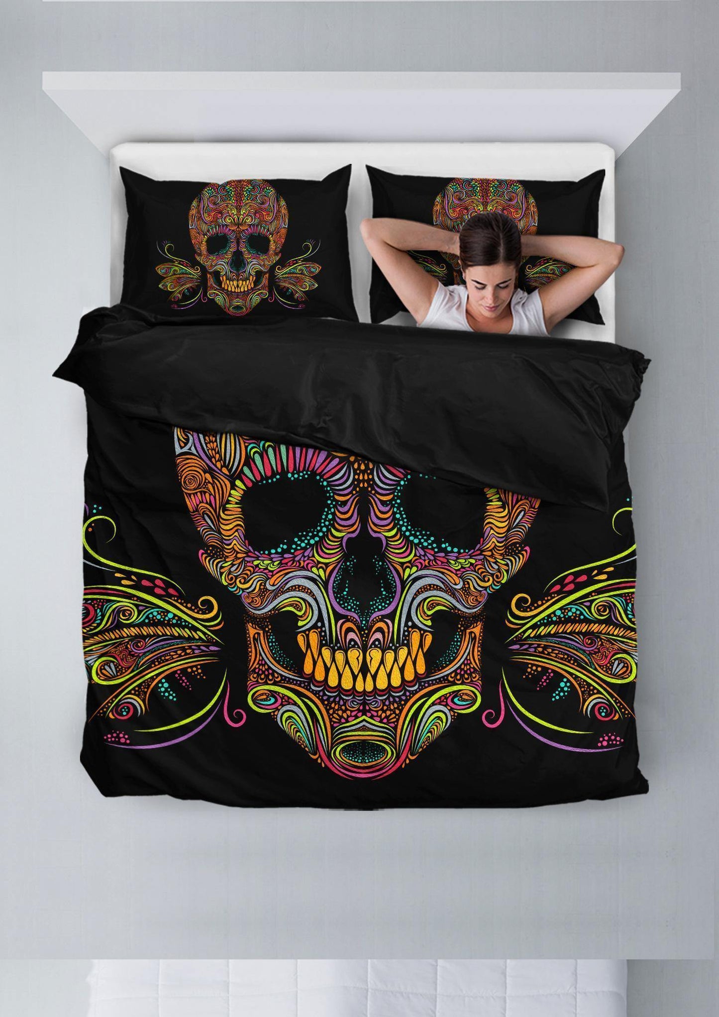 Skull Butterfly Bedding Set (1 Duvet Cover, 2 Pillowcases), Brushed Polyester Fabric, Black w/ Multicolored Skull Print - American Legend Rider
