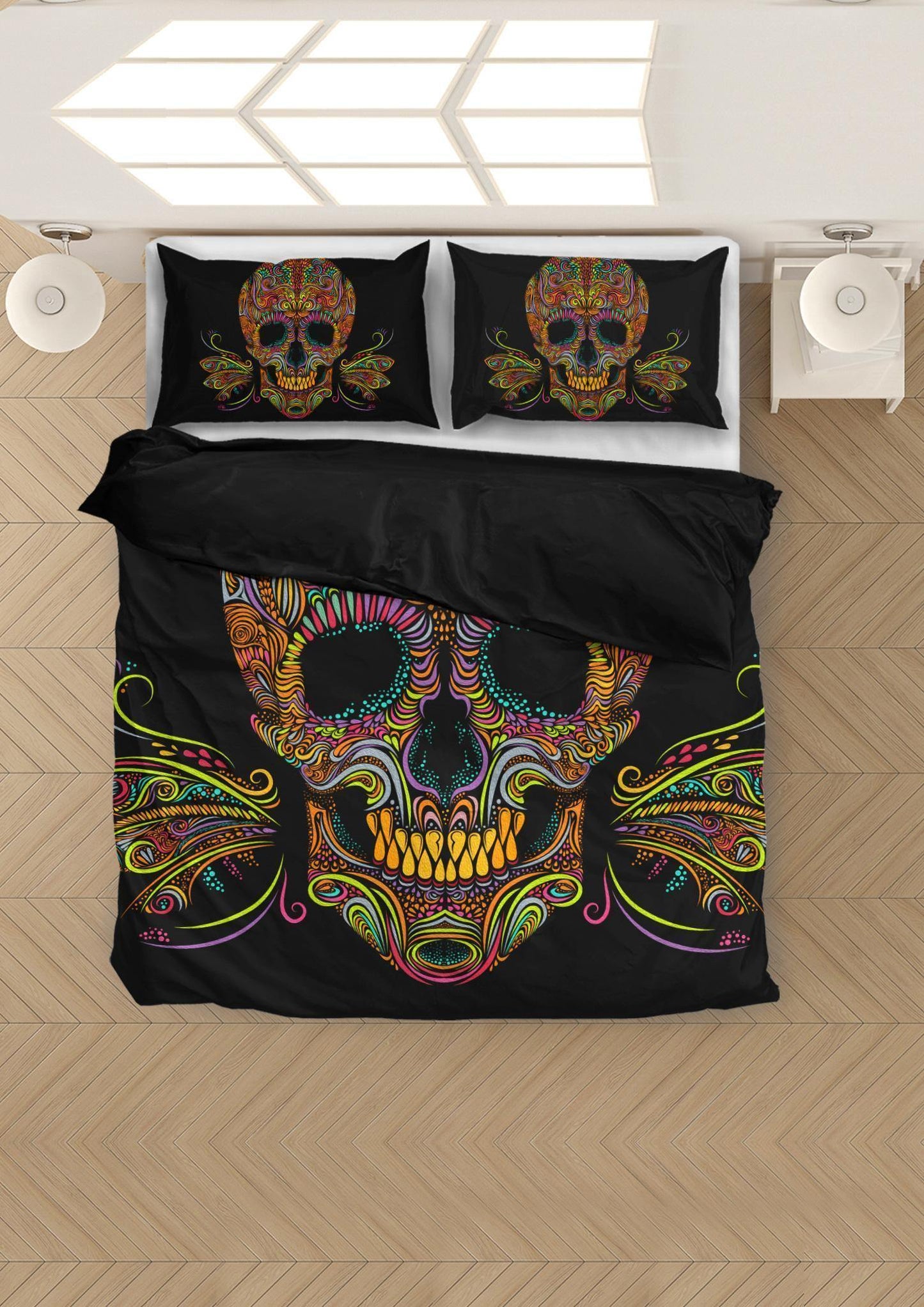 Skull Butterfly Bedding Set (1 Duvet Cover, 2 Pillowcases), Brushed Polyester Fabric, Black w/ Multicolored Skull Print - American Legend Rider