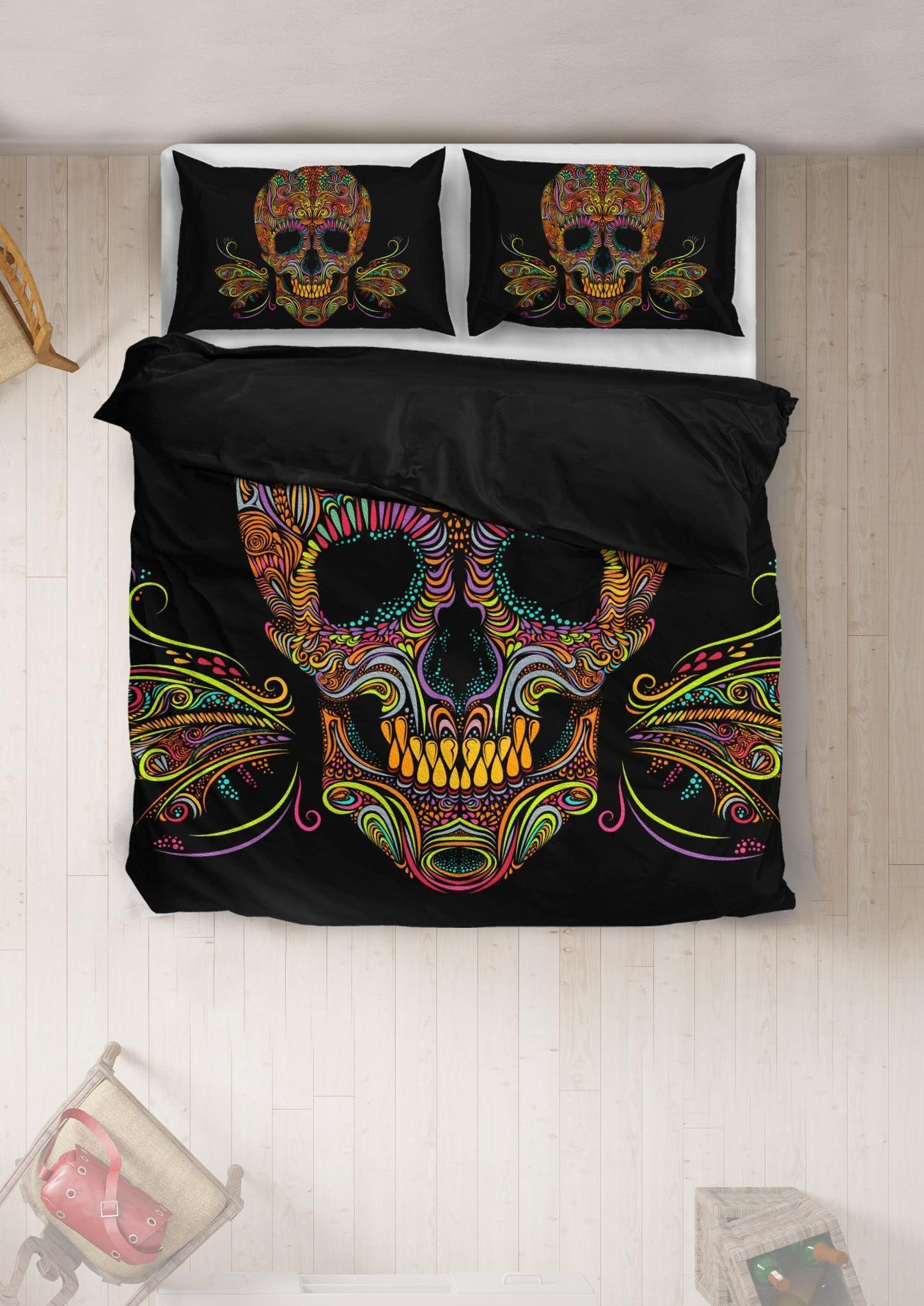 Skull Butterfly Bedding Set (1 Duvet Cover, 2 Pillowcases), Brushed Polyester Fabric, Black w/ Multicolored Skull Print - American Legend Rider