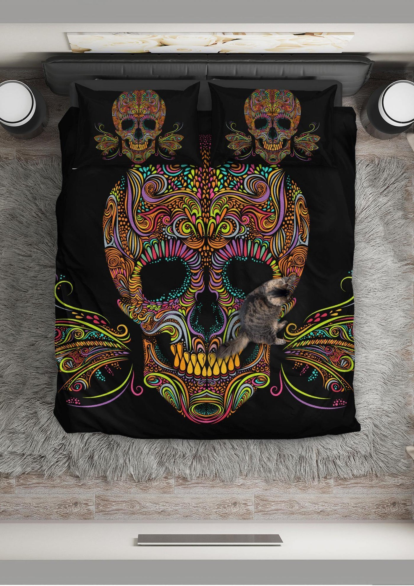 Skull Butterfly Bedding Set (1 Duvet Cover, 2 Pillowcases), Brushed Polyester Fabric, Black w/ Multicolored Skull Print - American Legend Rider
