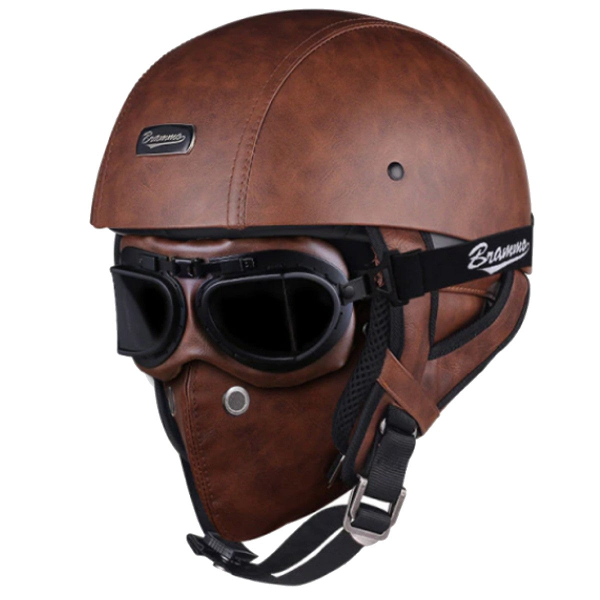 Nazi Brown Leather German Motorcycle Helmet with goggles.
