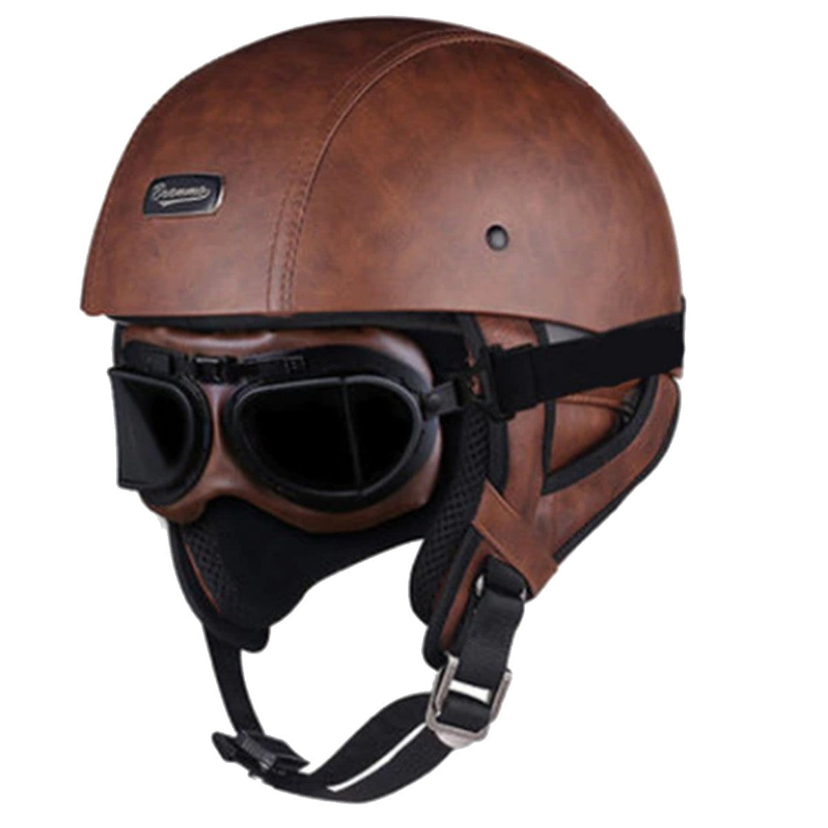A Nazi Brown Leather German Motorcycle Helmet with goggles, perfect for biker style.