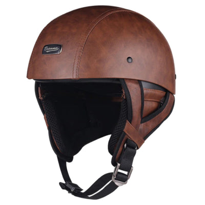 A Nazi Brown Leather German Motorcycle Helmet, with a biker style, on a white background.
