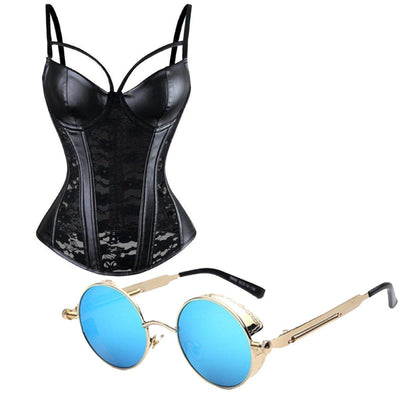 Women's Floral Lace & PU Leather Corset with Rebel Sunglasses Bundle - American Legend Rider