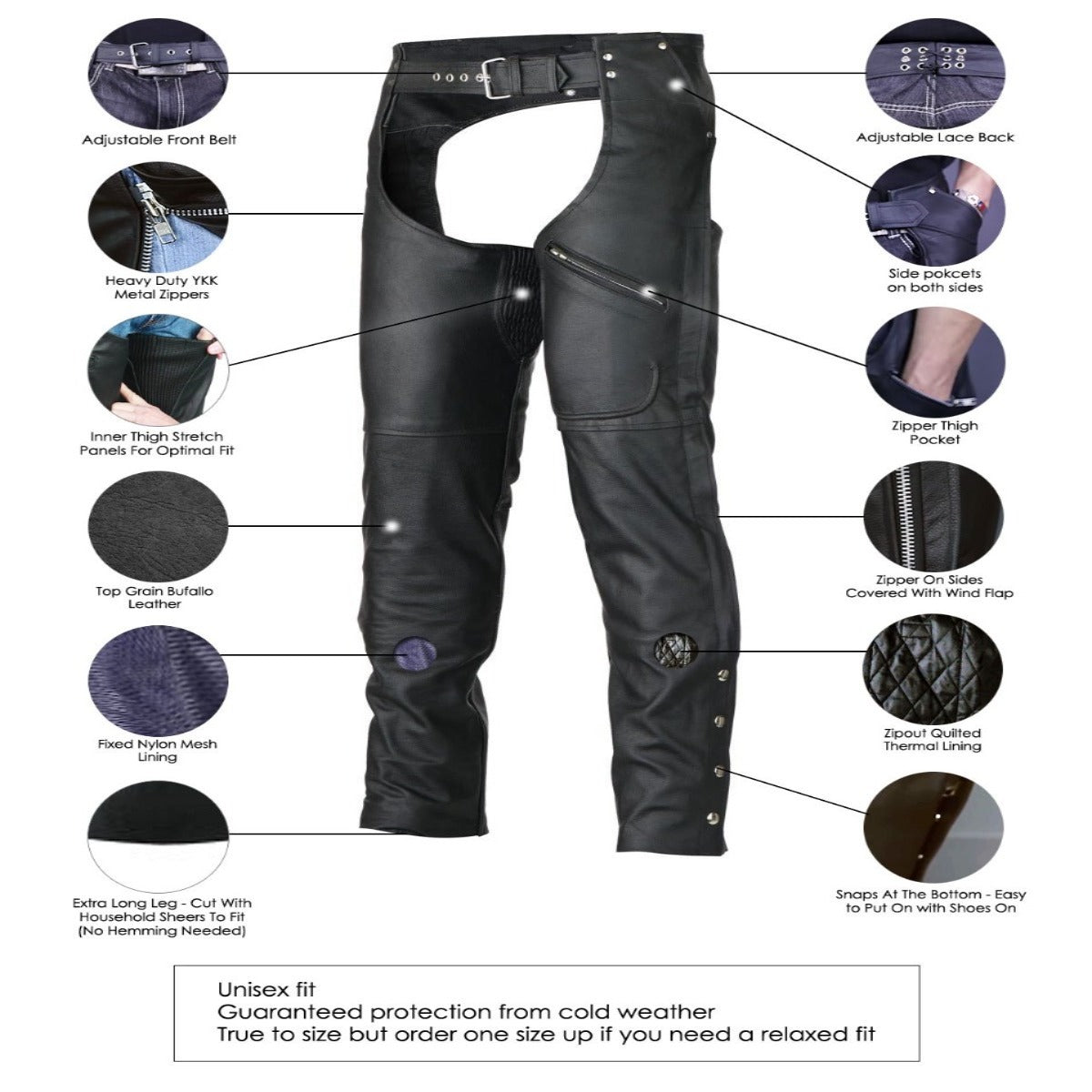 Vance Leather Zip-Out Insulated Pant Style Zipper Pocket Leather Chaps, Unisex