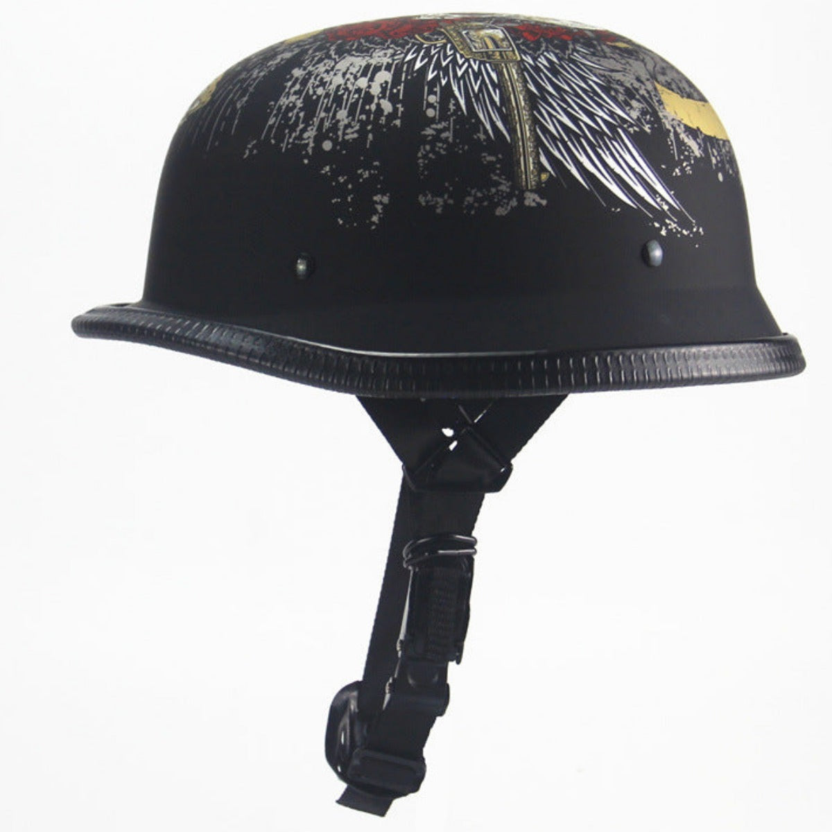 The Skull Cap Motorcycle Helmet in Matte Black includes a chin strap and features wing-like patterns with a cross on the sides and top. It is also DOT Approved for safety.
