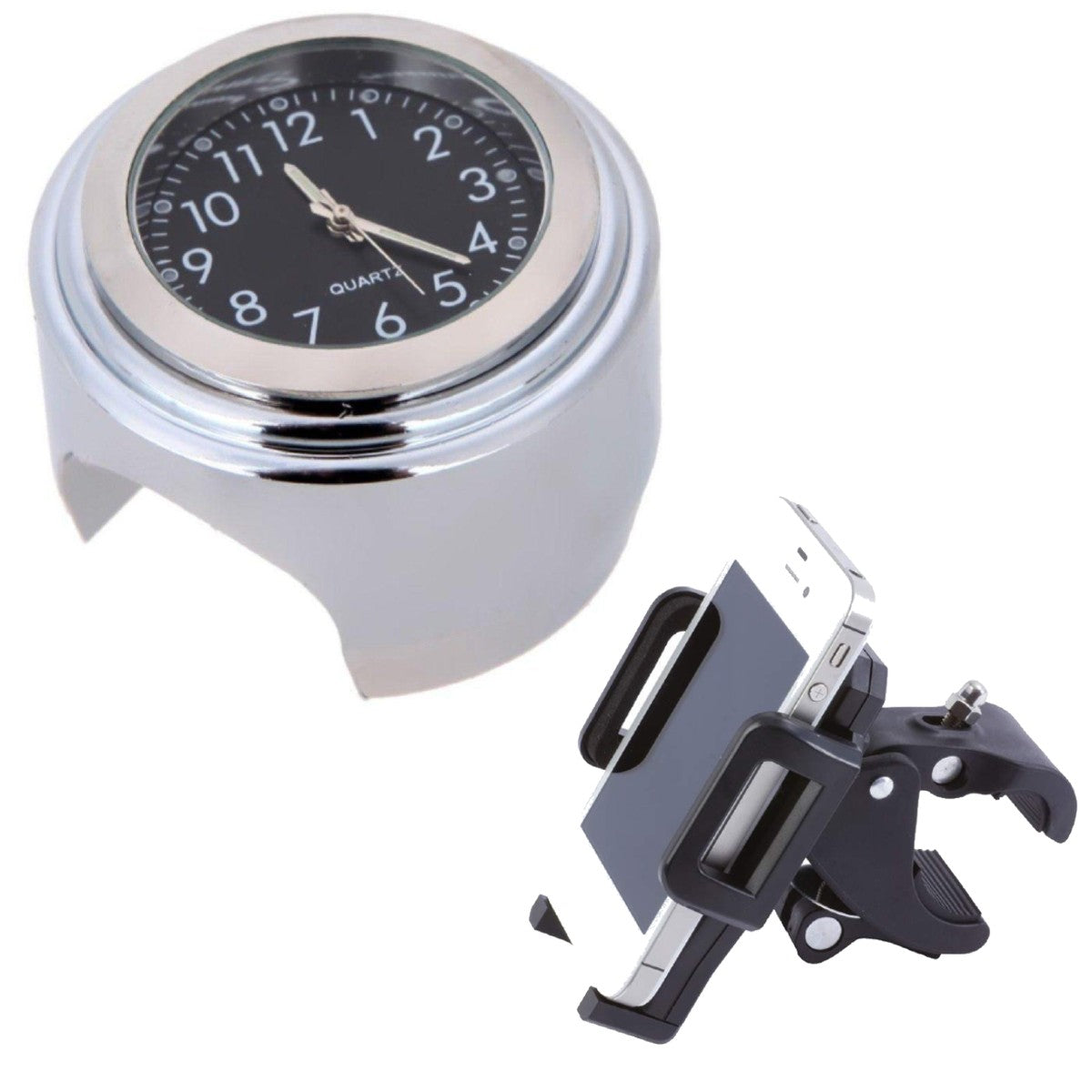 A Motorcycle Handlebar Clock with Motorcycle Phone Mount Bundle with a premium-quality aluminum alloy frame, alongside a black phone mount holding a smartphone.