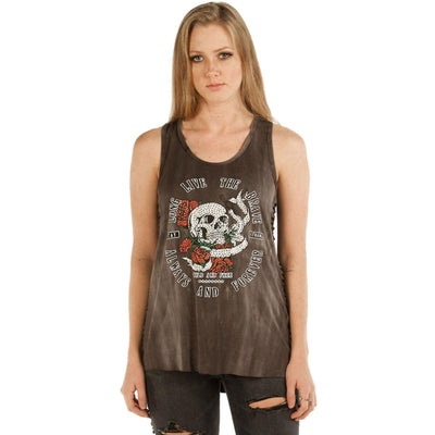 Daniel Smart Women's Long Live The Brave Skull and Roses Tank Top, Rayon/Spandex, Brown - American Legend Rider