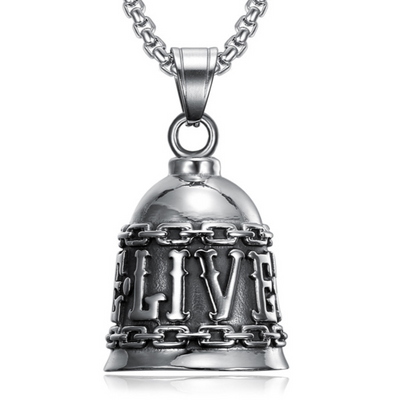 A silver bell with the product name Live to Ride Gremlin Bell on it, sometimes referred to as a Guardian Bell or Spirit Bell.