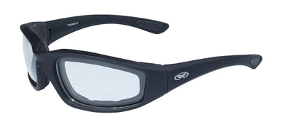 Daniel Smart Kickback Foam Padded Clear Lenses with a logo on the side arm, isolated on a white background.