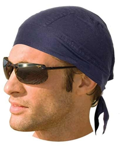 Man wearing a Daniel Smart Headwrap Solid Navy bandana and sunglasses, profile view.
