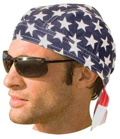 Man wearing sunglasses and a Daniel Smart Headwrap American Flag, featuring a 100% cotton sweatband.