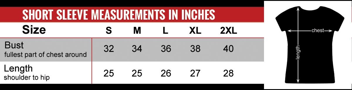Size chart for the Hot Leathers Women's Work Sucks Oval Tee Shirt, featuring short sleeves and metallic purple flames. Bust and length measurements in inches: S (32, 25), M (34, 25), L (36, 26), XL (38, 27), 2XL (40, 28). Ideal for motorcycle enthusiasts who want to ride in style.