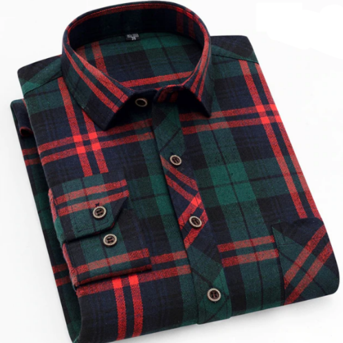 Description: A Men's Plaid Button Down Flannel Shirt, Red/Green.