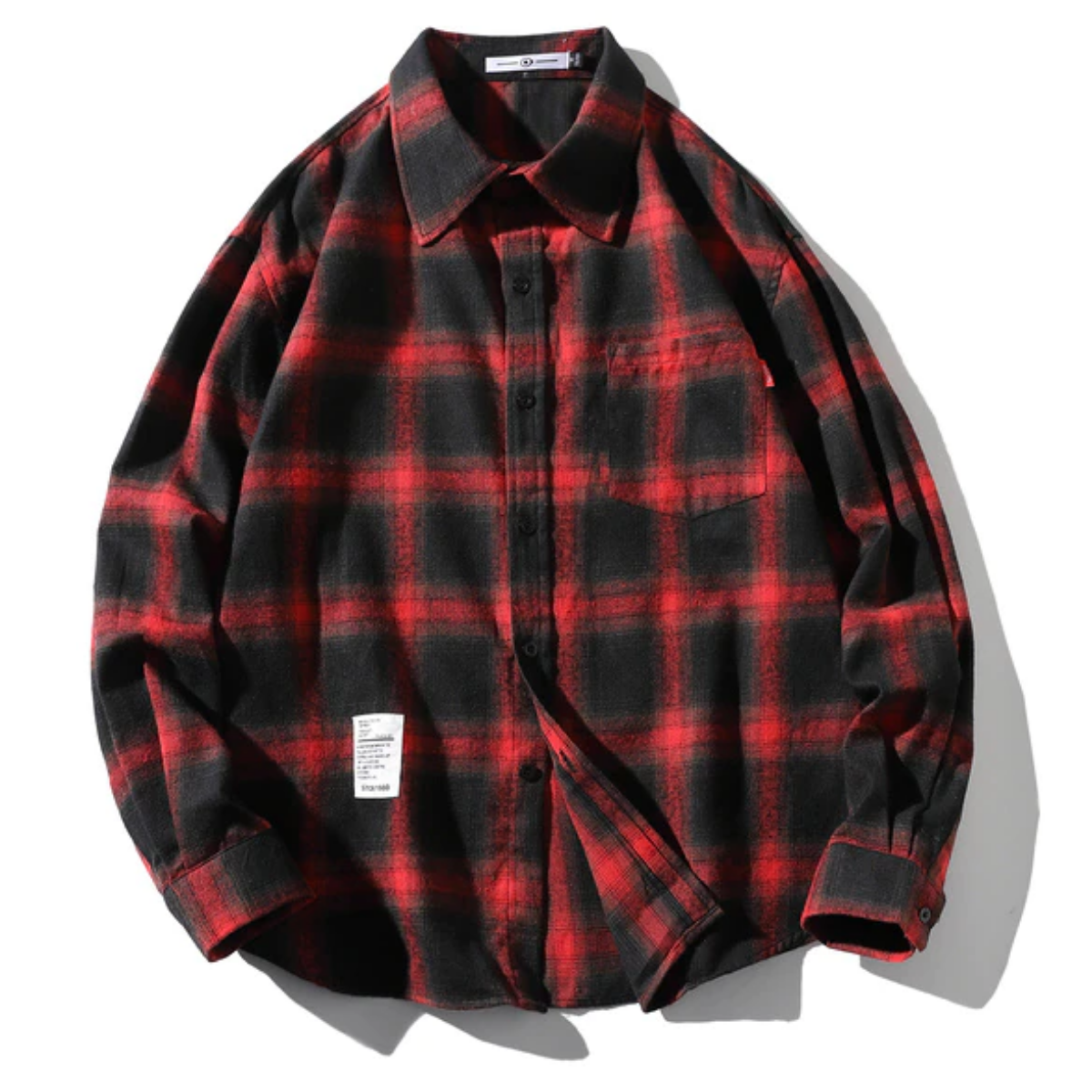 Men's Classic Plaid Flannel Shirt in red and black, featuring a front pocket and clothing label, provides a timeless look for men.