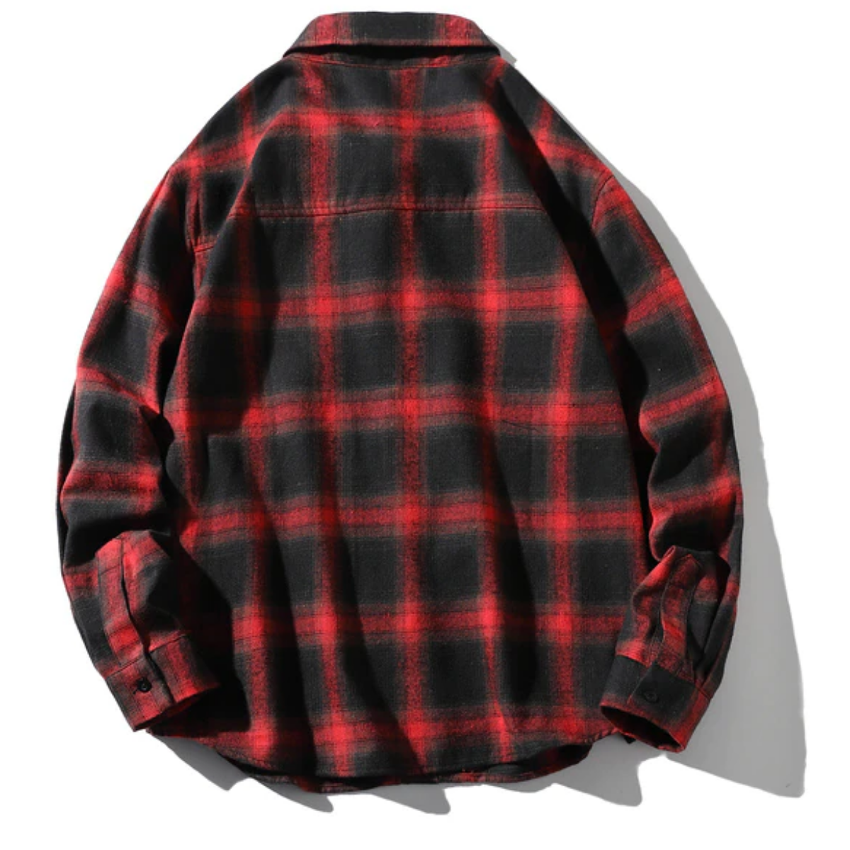 Men's Classic Plaid Flannel Shirt in red and black, displayed from the back, includes long sleeves and a sharp collar.