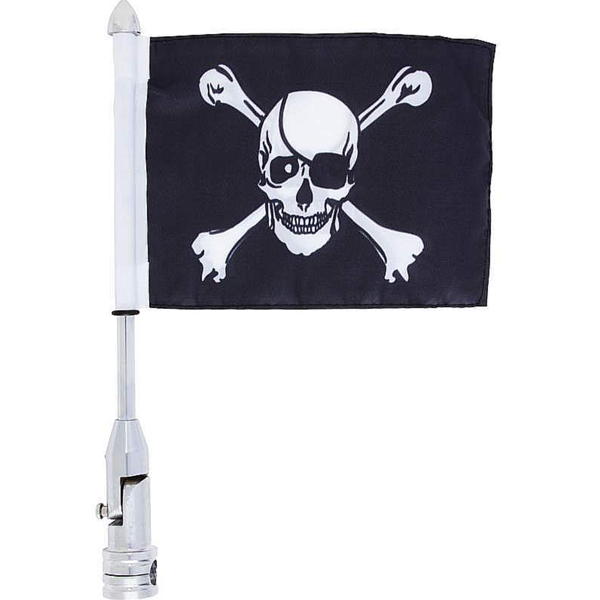 Jillian Motorcycle Flagpole Mount 13" & Skull/Crossbones Flag 6" x 9", 2-ply Polyester Black Flag/Chrome-Plated Steel Pole