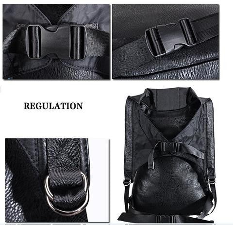 Four images showing close-up details of a black harness with adjustable straps, buckles, and a D-ring, evoking the edgy vibe of punk rock. The word "3D Skull Backpack Hoodie" is displayed in text.