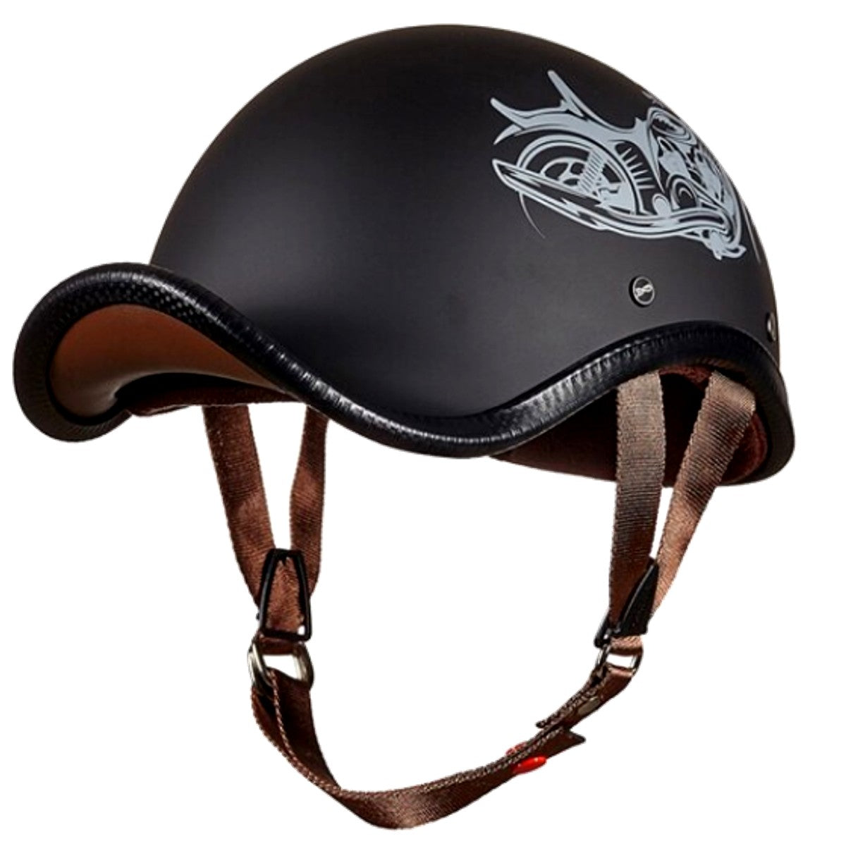 The Speeding Biker Vintage German Motorcycle Helmet in black boasts tribal designs on the side, a brown adjustable chin strap, and a glossy finish.
