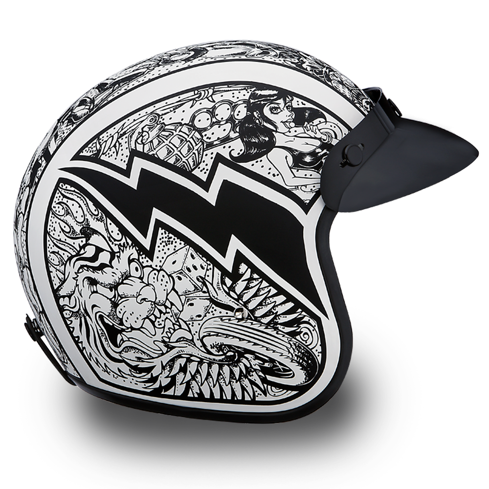 Daytona D.O.T. Cruiser w/Graffiti Motorcycle Open Face Helmet, Unisex, XS-2XL, Black/White - American Legend Rider