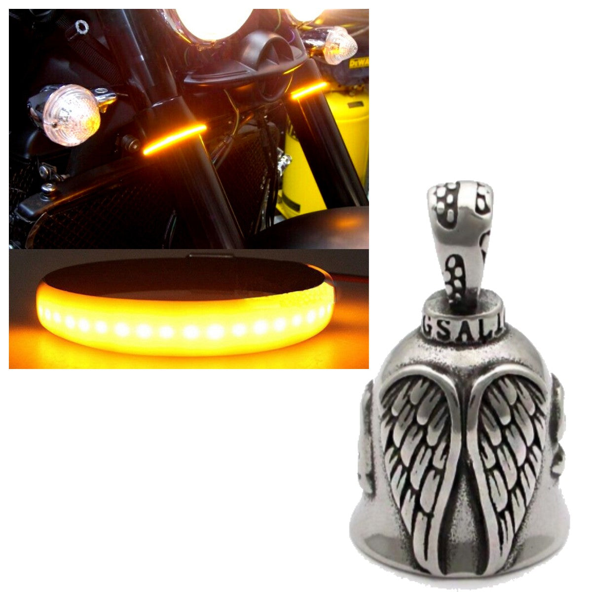 The Motorcycle Fork-Mounted LED Turn Signal Light with Wings Gremlin Bell enhances style and safety; its moto LED lights add a pop to your ride, ensuring improved visibility on every adventure.