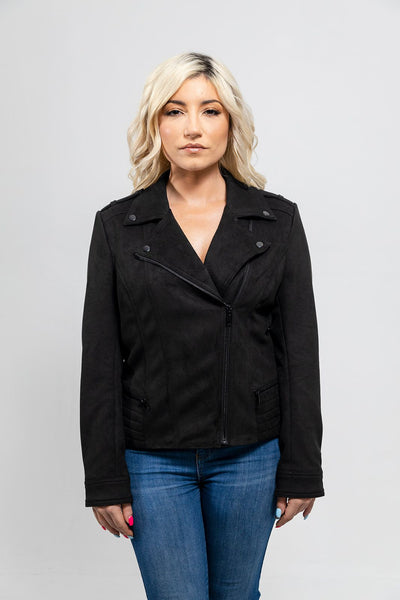 A woman wearing jeans and a First Manufacturing Molly - Women's Leather Jacket with horizontal zipper pockets.