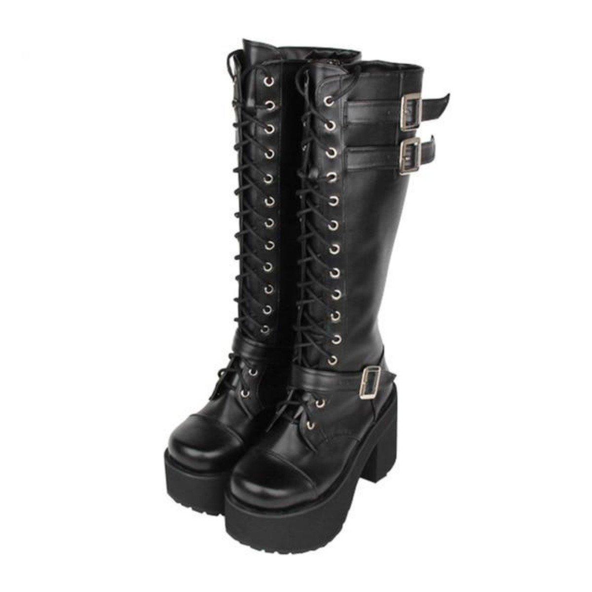 Women's Knee High Buckle Strap Punk Boots - American Legend Rider