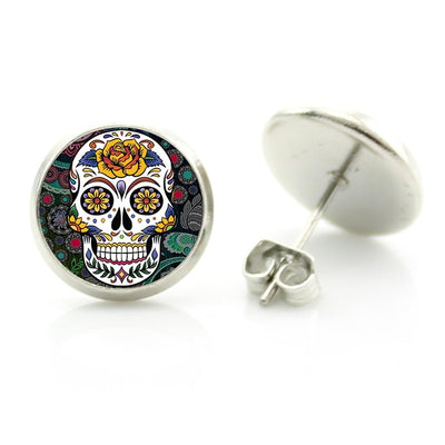 A statement pair of Sugar Skull Stud Earrings on a white background.