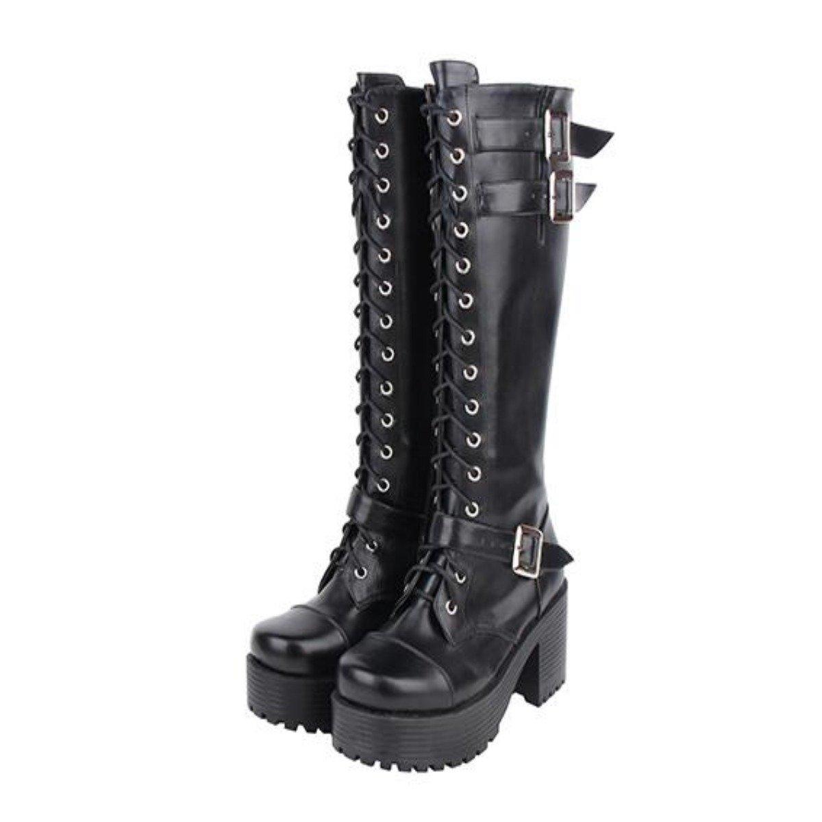 Women's Knee High Buckle Strap Punk Boots - American Legend Rider