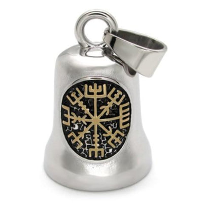 A Stainless Steel Viking Compass Gremlin Bell with an intricate emblem design on the front.