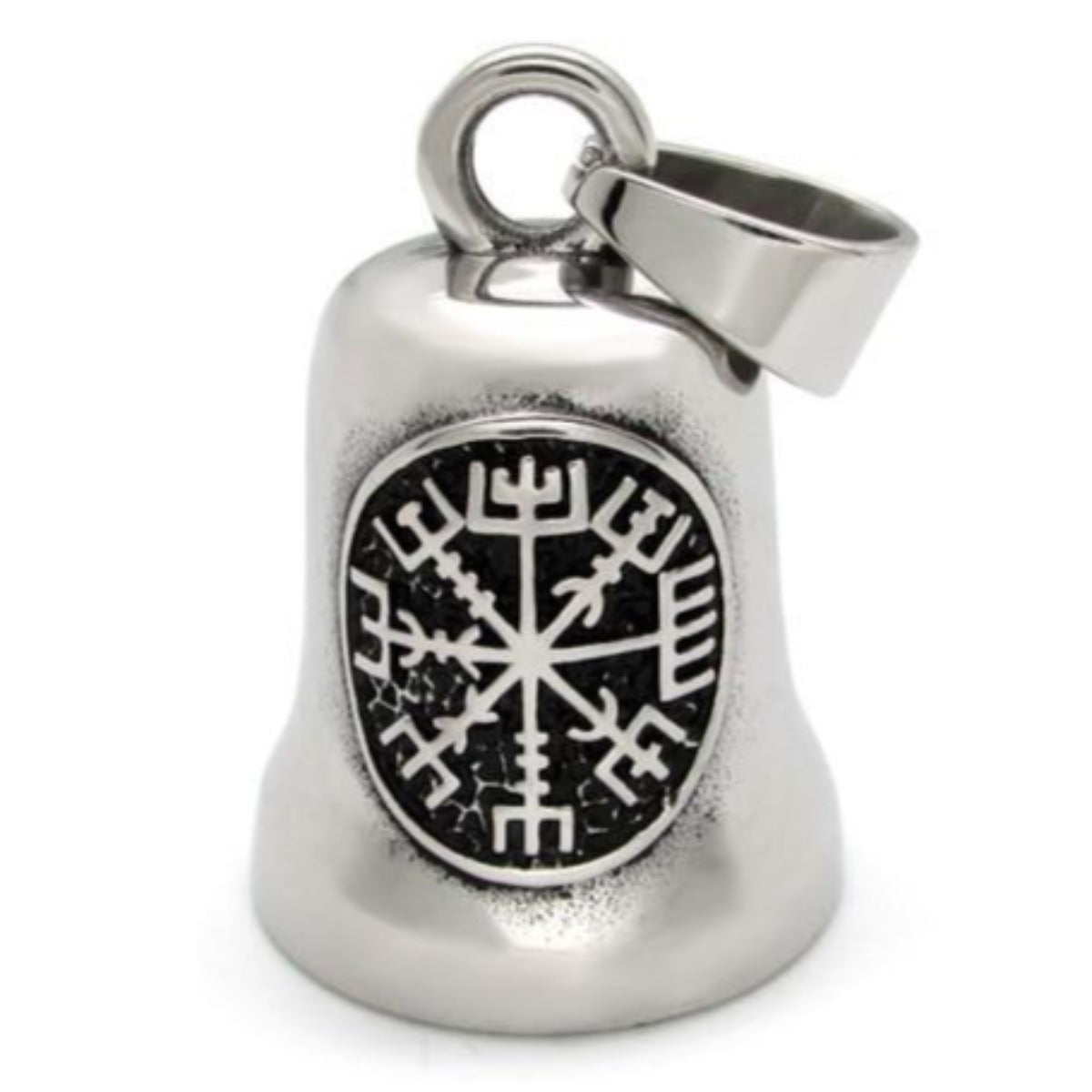 A Stainless Steel Viking Compass Gremlin Bell with a Viking-like emblem displayed on its surface.