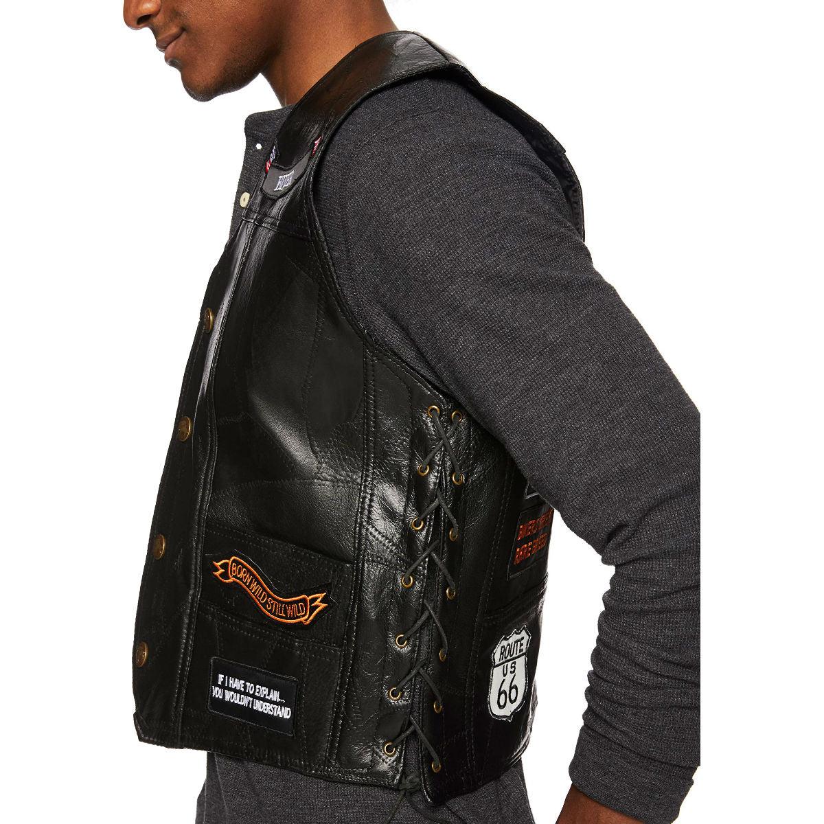 Lined interior of buffalo leather motorcycle vest with hidden zip pockets