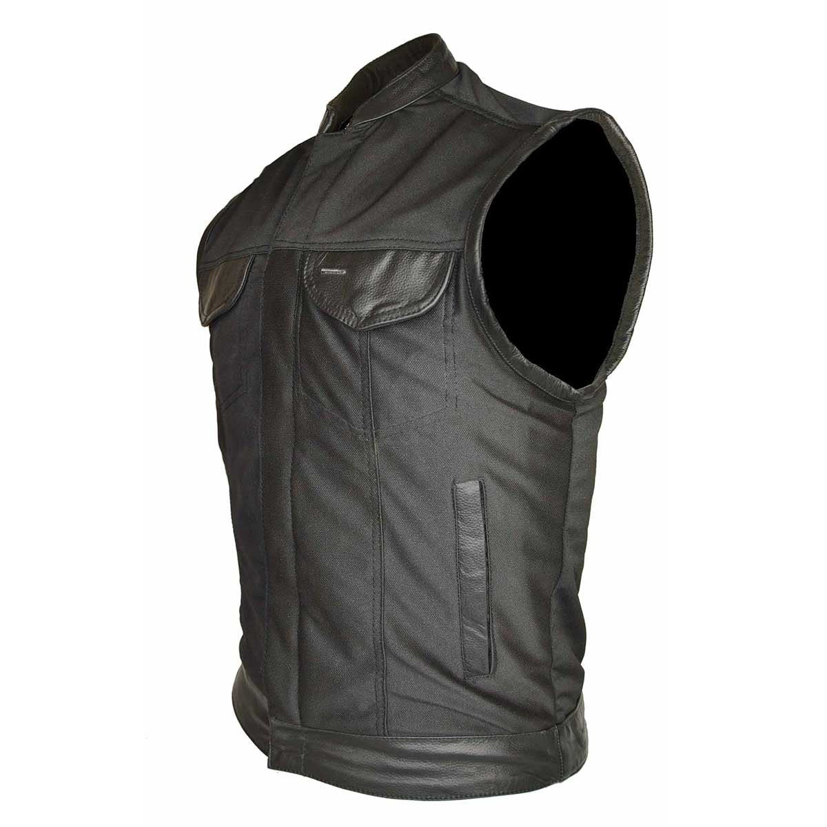 Vance Leather Heavy Duty Textile Club Vest with Leather Accents, Snaps, and Zipper Closure
