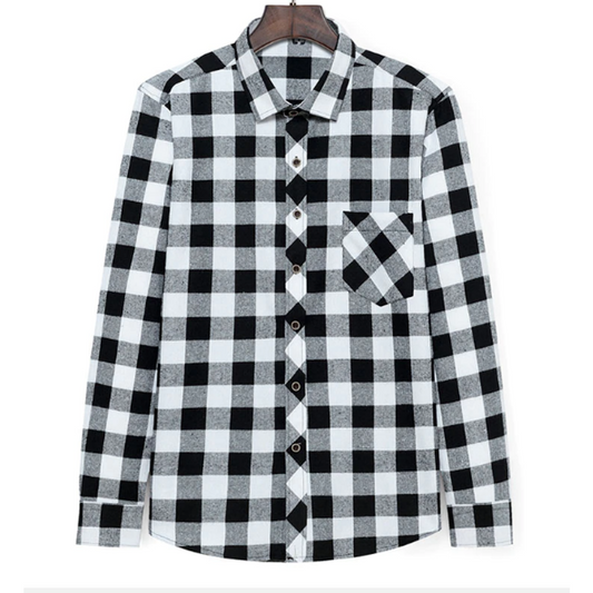 Men's Plaid Button Down Flannel Shirt, White/Black Checkered
