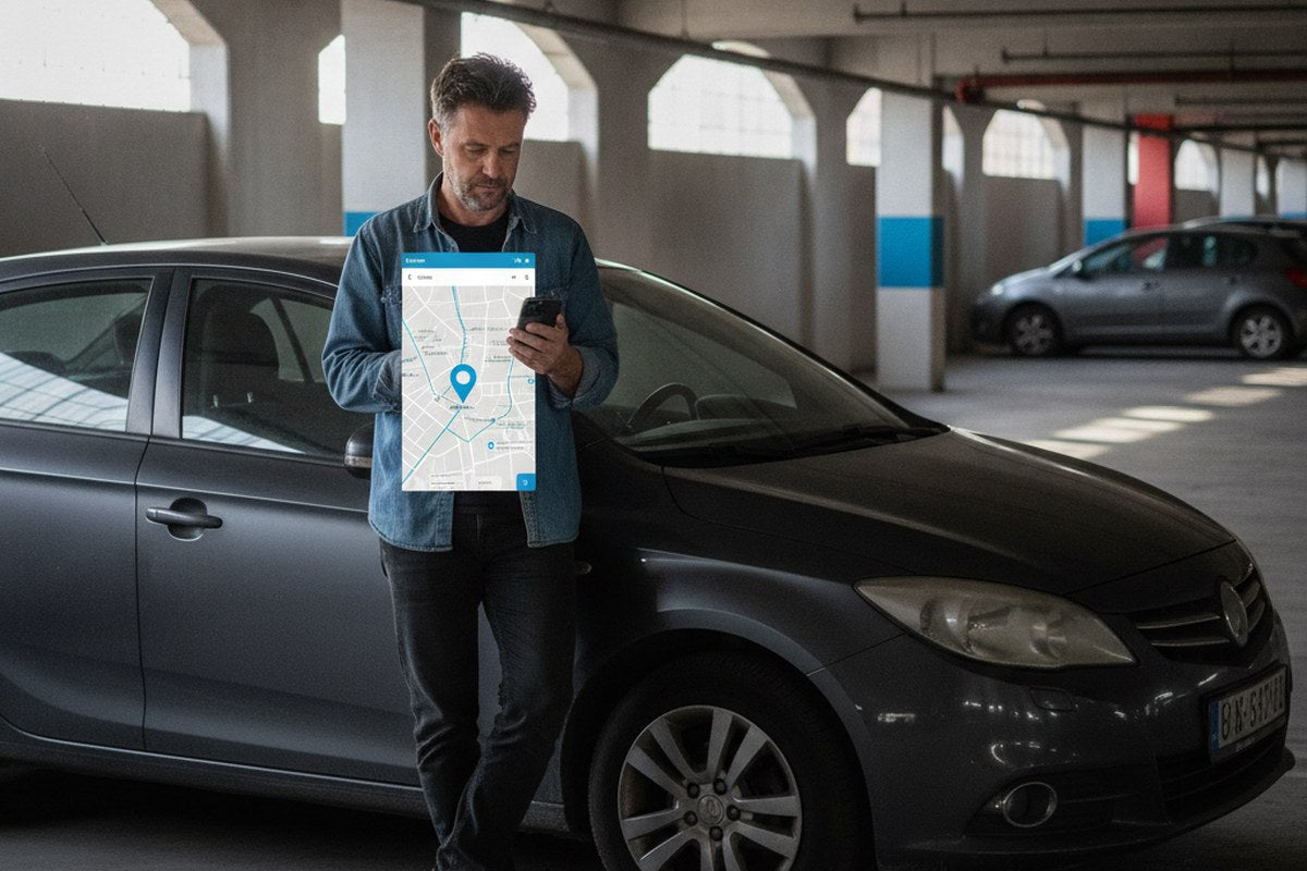 A man checking his car's live location on his phone