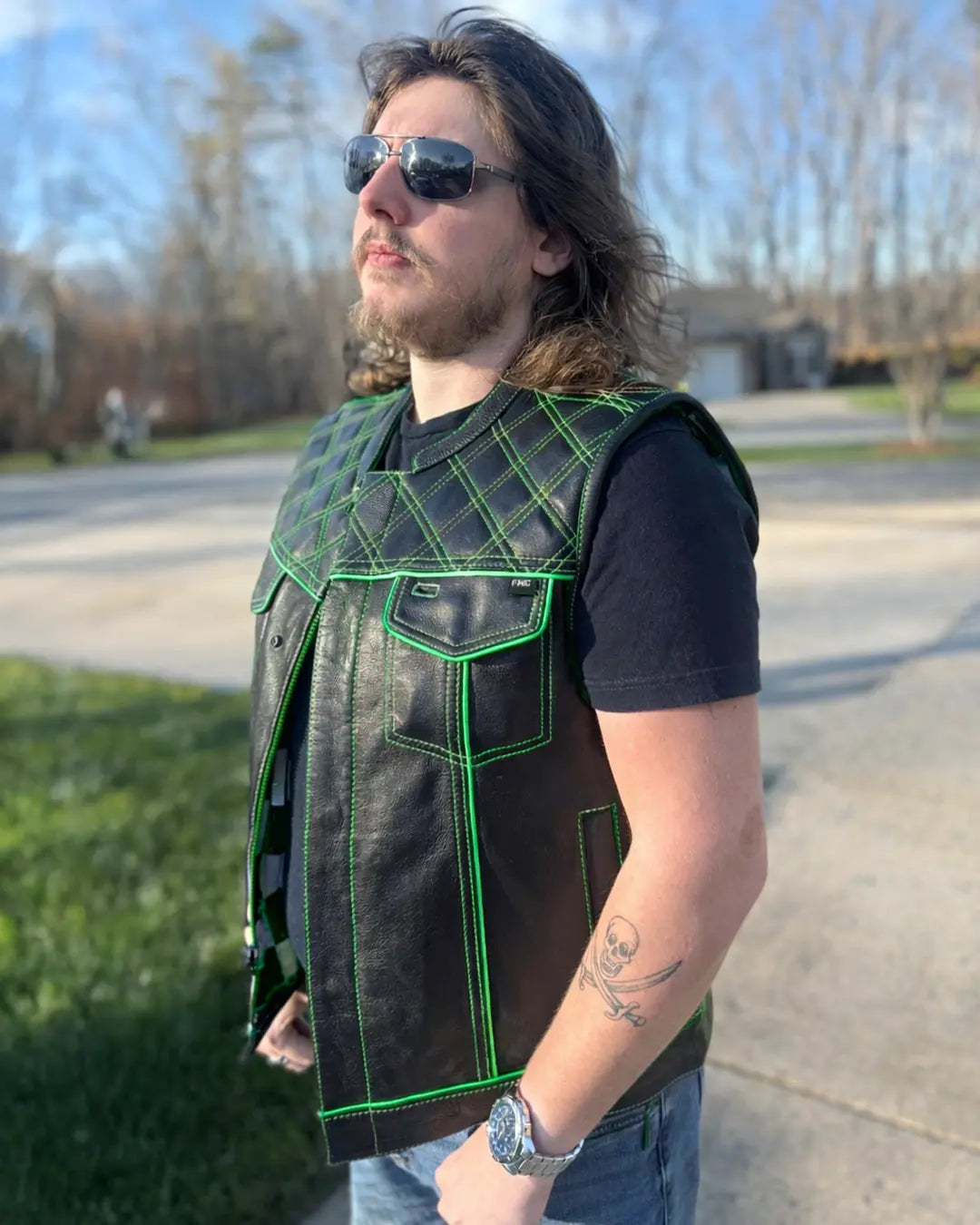 Finish Line - Green Checker - Men's Motorcycle Leather Vest Men's Leather Vest Vests
