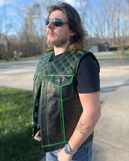 Finish Line - Green Checker - Men's Motorcycle Leather Vest Men's Leather Vest Vests